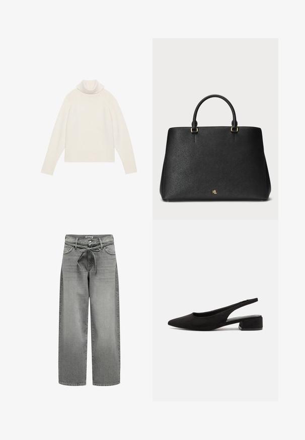 Pull à col roulé crème clair avec texture côtelée, manches raglan et ourlet ajusté. Matériau doux et silhouette décontractée.; Jeans en denim gris à jambes larges avec une taille à cordon de serrage et des poches avant. Le tissu présente une légère texture et une finition délavée.; Call it Spring BECKYY B.E.D FOAM - Escarpins - black; Sac à main en cuir noir au design structuré, texture lisse et deux anses supérieures. Comprend des accents dorés et un logo en bas.