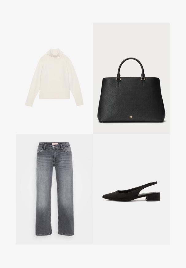 Svetrová svetlá krémová farba s rolákom, ribbed textúrou, raglánovými rukávmi a priliehavým lemom. Mäkkučký materiál a uvoľnený strih.; Sivé džínsy s rovnými legami, pätkový strih, jemné vyblednutie a gombíkový uzáver v páse.; Call it Spring BECKYY B.E.D FOAM - Klasické lodičky na opätku - black; Čierna kožená dámska taška so štruktúrovaným dizajnom, hladkou textúrou a dvoma hornými uchami. Obsahuje zlaté akcenty a logo na spodnej strane.; Strieborná kruhová náušnica s lesklým povrchom, obsahujúca malé zlaté akcenty a okrúhly tvar, nosená na lalôčiku ucha.