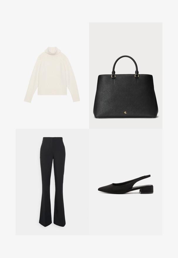 Pulover bej cu guler înalt, dintr-un material cu textură în relief, mâneci raglan și tiv ajustat. Material moale și siluetă relaxată.; ONLY Tall ONLEDINA FLARE PANT - Pantaloni - black; Call it Spring BECKYY B.E.D FOAM - Pantofi clasici cu toc - black; Geantă de mână din piele neagră, cu un design structurat, textură netedă și două mânere superioare. Dotată cu accente aurii și un logo în partea de jos.