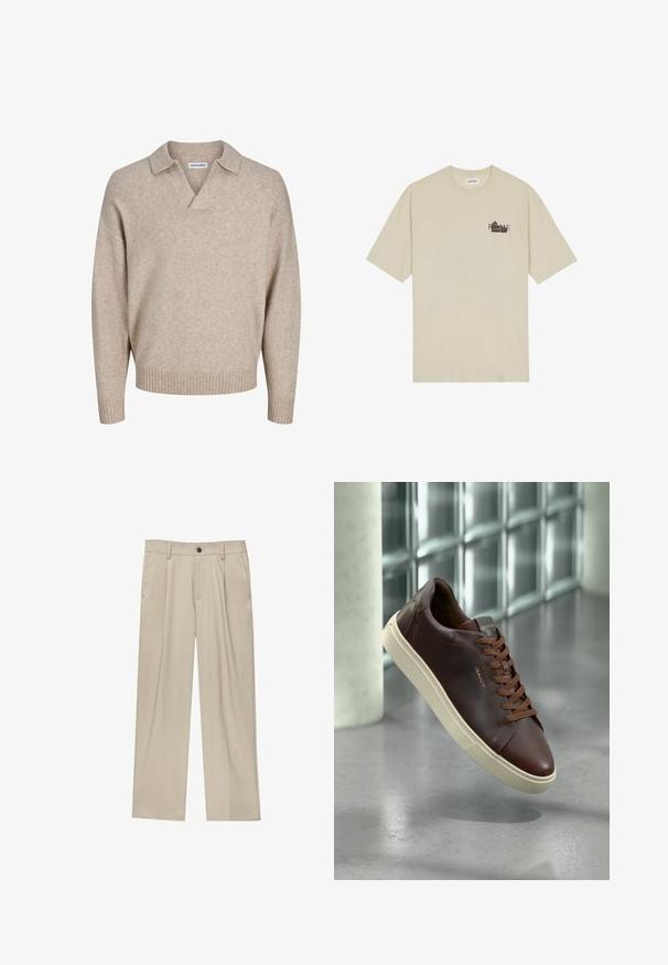 Beige knitted pullover sweater with a V-neck and short collar. Features ribbed cuffs and hem, made from soft, textured fabric.; Beige cotton t-shirt with short sleeves, round neck, and black graphic print featuring the word "ROME" on the front.; Beige trousers with a straight cut, featuring a single black button, belt loops, and side pockets. Smooth fabric texture and minimal design.; Brown leather sneaker with a rounded toe, brown laces, and a beige rubber sole. Features minimal branding on the side.