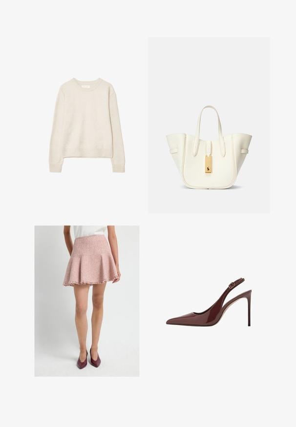 Beige langærmet crewneck sweater med ribstrikkede manchetter og kant, lavet af blødt strikstof, præsenteret mod en hvid baggrund.; Lys rosa, tekstureret, flagrende nederdel med en frynset kant. Fremstillet af vævet stof, har den en høj talje. Stylet med burgunder hæle.; Mørkebrune patentlæder slingback højhælede sko med spids tå, justerbar spænde og slank stiletthæl.; Hvid læder tote taske med en struktureret form, fremtrædende syninger, guld hardware mærke og dobbelt håndtag. Tekstureret overflade med sidelommer.