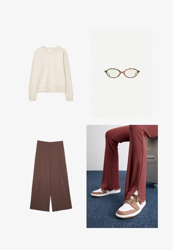 Beige langärmliger Rundhalspullover mit gerippten Bündchen und Saum, aus weichem Strickstoff, vor einem weißen Hintergrund präsentiert.; Braune Weite-Leg-Hosen mit einer glatten Textur, hoher Taille und Vorderfalten. Der Stoff ist leicht und fällt locker.; Rostfarbene, gerippte Hosen mit seitlichen Schlitzen, kombiniert mit weißen und braunen Sneakers, die kontrastierende Farben und Texturen zur Schau stellen.; Schildpatt-Eyegläser mit ovalen Gläsern und einer eleganten, glatten Oberfläche. Mit dünnen Seiten und einer subtilen Kurve an den Schläfen. Klare Gläser.
