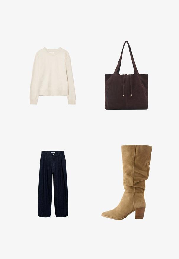 Bež pulover z dolgimi rokavi in okroglim izrezom, z rebrastimi manšetami in robom, narejen iz mehke pletene tkanine, prikazan na beli podlagi.; Temne traper hlače širokega kroja z naborki na pasu, z sprednjim gumbom in zankami za pas. Gladka tekstura in dolga zasnova.; Rjavi semiš škornji do kolen s spočitvenim dizajnom, koničastim nosom in stoječim lesenim peto. Mehak tekstura z vidnimi šivi.; Mango Torba za nakupovanje - dark brown
