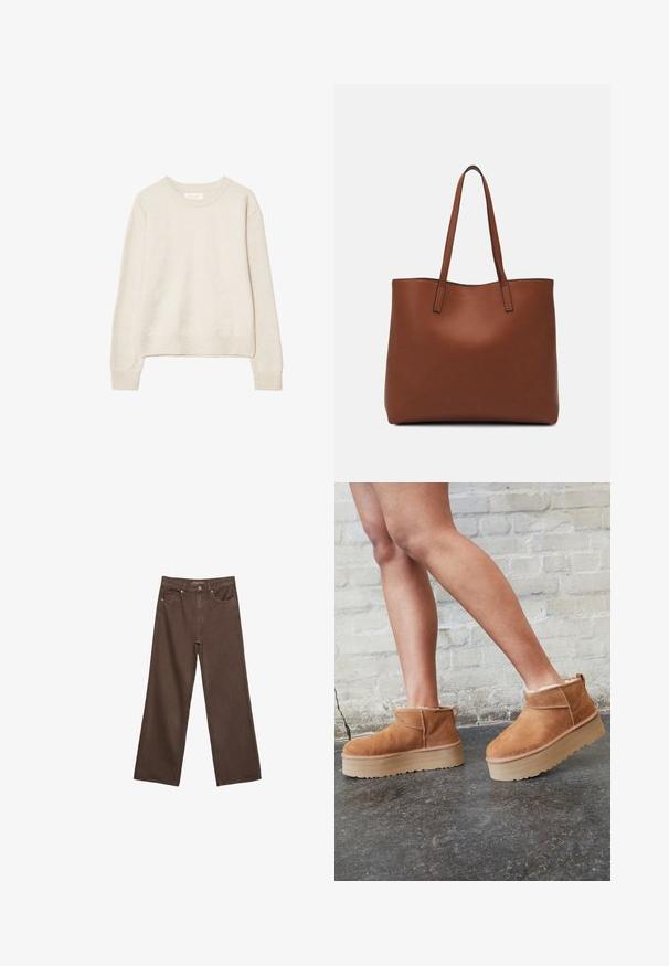 Bež džemper s dugim rukavima i okruglim izrezom, s rebrastim manžetama i rubom, izrađen od mekog pletiva, prikazan na bijeloj pozadini.; Proširene smeđe traperice od denima, s visokim strukom, prednjim džepovima i klasičnom kopčom na dugme. Glatka tekstura s suptilnim šavovima.; Smeđi antilop čizmi do gležnja s mekanim postavljanjem, debljim bež platformski potplat i stražnjim povlačnim trakama. Teksturirana površina s vidljivim šavovima.; Smeđa kožna torba preko ramena s glatkom teksturom, otvorenim vrhom i dvjema naramenicama. Ima minimalne šavove i nema vidljivog hardvera.