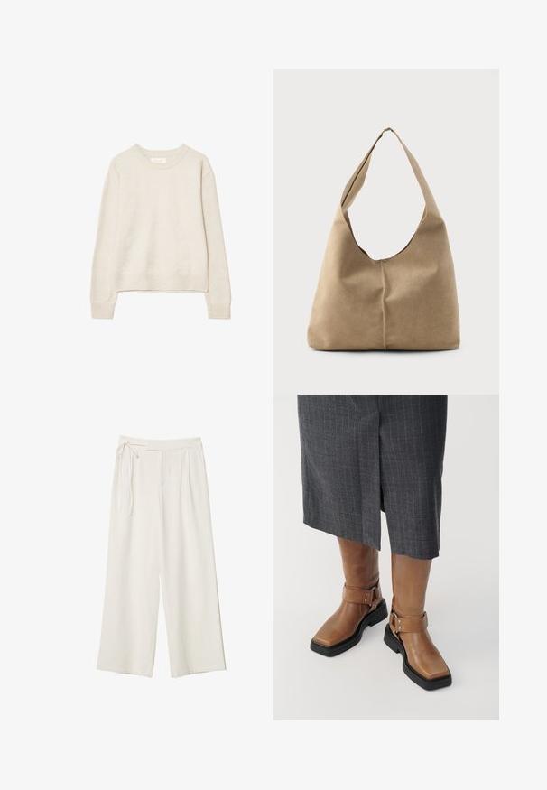 Beżowy sweter z długim rękawem i okrągłym dekoltem, z prążkowanymi mankietami i dołem, wykonany z miękkiej dzianiny, ustawiony na białym tle.; Spodnie o szerokich nogawkach w off-white z gładkiego materiału. Posiadają wiązany pas i plisowany przód, zaprojektowane z myślą o luźnym kroju.; Brązowe skórzane kozaki do kolan z kwadratowym noskiem, czarną gumową podeszwą i regulowanym zapięciem. Noszone z szarym spódnicą w prążki.; Torba hobo w miękkim beżowym zamszu o luźnym kształcie, szerokim pasku na ramię i ręcznie szytym szczególe na przedzie.