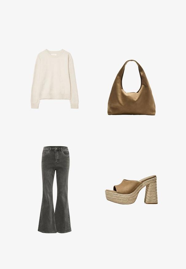 Maglione beige a maniche lunghe con collo a giro, dotato di polsini e orlo ribattuti, realizzato in morbido tessuto lavorato a maglia, esposto su uno sfondo bianco.; Kaffe KASINEM - Jeans a zampa - medium grey denim; Mule in suede marrone con platform e punta aperta, dotati di un tacco in juta intrecciata chunky e un design superiore liscio e arrotondato.; Borsa a spalla in tessuto marrone con un corpo ampio e arrotondato e una grande maniglia a taglio. Texture morbida, design minimalista e senza hardware visibile.