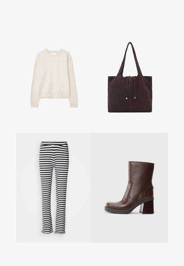 Beige langärmliger Rundhalspullover mit gerippten Bündchen und Saum, aus weichem Strickstoff, vor einem weißen Hintergrund präsentiert.; Gestreifte, gerippte Hose mit einem navyblauen und weißen Muster, ausgestelltem Saum und elastischem Bund. Die Textur ist glatt und hat eine figurbetonte Silhouette.; Braune Leder-Ankle-Boots mit runder Spitze, glatter Textur und einem klobigen Holzabsatz. Seitennähte und subtiler Glanz.; Mango Shopping Bag - dark brown