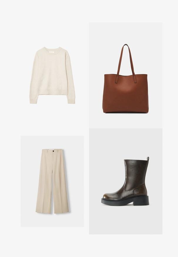 Bež džemper s dugim rukavima i okruglim izrezom, s rebrastim manžetama i rubom, izrađen od mekog pletiva, prikazan na bijeloj pozadini.; Bež hlače širokih nogavica s glatkom teksturom, koje imaju prednje zatvaranje na gumb i dva bočna džepa. Krojena izrada i naborani prednji detalj.; Tamnosmeđi kožni boot do sredine lista s zaobljenim prstom, debelim crnim đonom, niskom blok petom i ručkom na stražnjoj strani.; Smeđa kožna torba preko ramena s glatkom teksturom, otvorenim vrhom i dvjema naramenicama. Ima minimalne šavove i nema vidljivog hardvera.