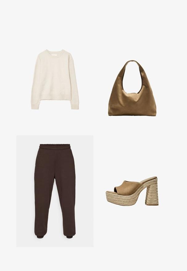Beige långärmad tröja med rund halsringning och ribbade manschetter och nederkant, tillverkad av mjukt stickat material, uppvisad mot en vit bakgrund.; Mörkbruna sweatpants tillverkade av mjukt tyg, med ett elastiskt midjeband och elastiska muddar vid anklarna. Minimalistisk design utan mönster.; Bruna mockaskinnsplattformar med öppen tå, med en kraftig flätad jute-klack och en slät, rundad ovandel.; Brun tygaxelväska med en bred, rundad kropp och ett stort utskärningshandtag. Mjukt material, minimalistisk design och ingen synlig hårdvara.