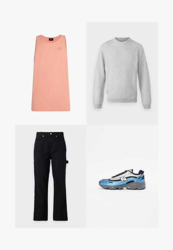 Vaaleanharmaa ribbipaita, jossa on pyöreä pääntie, pitkät hihat ja suora helma. Valmistettu pehmeästä, teksturoidusta kankaasta.; Persikka värinen tank top kevyestä kankaasta, jossa on pyöreä pääntie ja ei hihoja. Hienovarainen O'Neill-logo edessä.; Musta farkkuhousut suorilla lahkeilla, etutaskuilla ja takapatch-taskuilla. Varustettu hopeisilla yksityiskohdilla ja sivuaukolla toiminnallisuutta varten.; Sininen ja hopeinen urheilukenkä, jossa on verkko- ja synteettisiä materiaaleja, paksu harmaa pohja ja näkyvät mustat yksityiskohdat. Mallinumero 1000 näkyvissä.