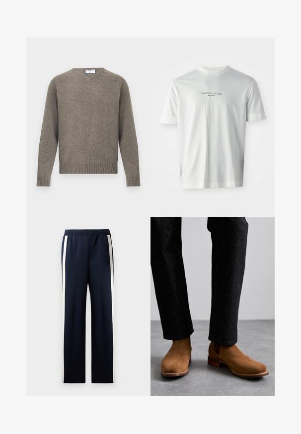 Pelēks adīts džemperis ar apaļu kaklu, ribota aproce un apakšmala, mīksta tekstūra, izgatavots no vilnas maisījuma, minimālistisks dizains ar redzamu etiķeti pie kakla.; Balts īsām piedurknēm T-krekls ar "EMPORIO ARMANI MILANO" logo, kas centrēts uz krūts, subtīli paceltā burtā.; Jūras spēku pelēkās bikses ar platām kājām, akcentētas ar vertikālām krēmkrāsas svītrām pa malām. Izgatavotas no mīkstas, teksturētas auduma ar elastīgu jostu.; Brūni zamšādas Čelsijas zābaki ar elastīgām sānu maliņām un saliktu koka papēdi, valkāti ar tumšiem, nedaudz fakturētiem biksēm.