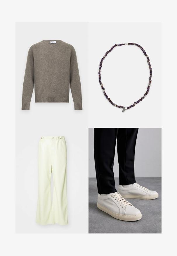 Hall halli kudum, ümara kaelusega, soonikutega mansetid ja äär, pehme tekstuur, tehtud villaseguga, minimalistlik disain koos kaeluse lähedal oleva sildiga.; Heledad roheline lahtiste jalgadega püksid, valmistatud sileda ja veidi läikiva kangaga. Omab nuppu ja elastset vööd, puhta ja kohandatud disainiga.; Kergedbežsest nahkkingad lamepaeltega, reljeefse pinnaga ja kontrastse kreemivärvi kummitallaga, kombineeritud mustade kitsaste pükstega.; Mitmevärviline helmedega kaelakee, kus on tume sinised, punased ja kollased helmed, mille vahel on hõbedased aksessuaarid ja rippuv ripats.