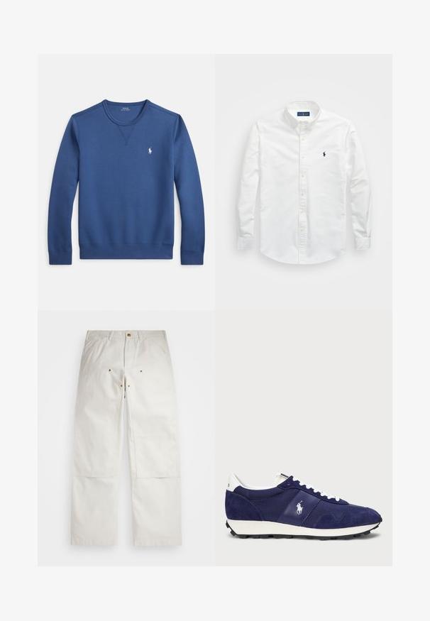 Plava majica dugih rukava s okruglim izrezom izrađena od mekanog materijala, s rebrastim ovratnikom i manžetama, s malim bijelim logotipom na lijevoj strani prsa.; Bijela košulja na dugih rukava od pamuka. Ima oštar ovratnik, dugačke rukave i mali mornarski logotip na prsima. Glatka tekstura.; Bijele pamučne hlače sa opuštenim krojem, s prednjim džepovima, zlatnim detaljima i zakrpama na koljenima.; Mornarski tenisice s kombinacijom antilopa i tkanine, bijelim vezicama, gumeni potplat i mali logotip sa strane.