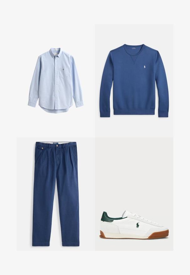 Modrá mikina s okrúhlym výstrihom vyrobená z mäkkej tkaniny, s rebrovaným výstrihom a manžetami, s malým bielym logom na ľavej strane hrudníka.; Svetlomodrá košeľa na zapínanie vyrobená z bavlny. Má náprsné vrecko, dlhé rukávy a klasický golier. Hladká textúra s zaobleným spodným okrajom.; Tmavomodré zúžené nohavice z bavlneného zmesi, s gombíkovým zapínaním, dvoma prednými vreckami a hladkou textúrou.; Biele tenisky s zelenými koženými akcentmi a hnedou gumovou podrážkou. S tkaninovým telom a výrazným logom na boku. Šnurovanie.