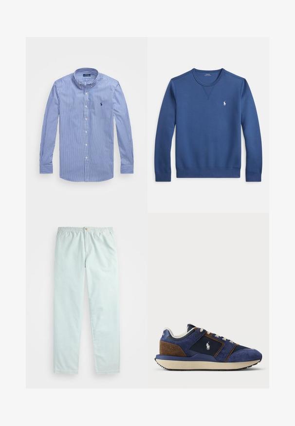 Mėlynas džemperis su crewneck apykakle, pagamintas iš minkštos medžiagos, su ribuota apykakle ir rankogaliais, kairėje krūtinės pusėje yra mažas baltas logotipas.; Dryžuotas mėlynos ir baltos spalvos ilgomis rankovėmis marškiniai su tiesiu apykakle, su maža logo ir mygtukų uždarymu. Pagaminta iš medvilnės, glotni tekstūra.; Šviesiai mėlynos, laisvo kirpimo kelnės su elastinga juosta, šoninėmis kišenėmis ir vienu mygtuku priekyje.; Tamsiai mėlynos zomšos ir tinklinės sportbačiai su šviesesniais akcentais, smėlio spalvos guminis padas ir balti raišteliai; turi logotipą šone.