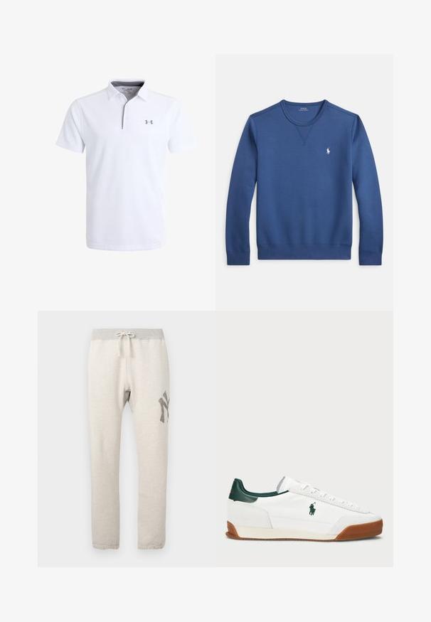 Blue crewneck sweatshirt made of soft fabric, featuring a ribbed neckline and cuffs, with a small white logo on the left chest.; White polo shirt with a textured fabric, short sleeves, and a zip-up collar. Includes a gray logo on the left chest.; Light beige sweatpants with a gray elastic waistband, drawstring, side pockets, and dark gray graphic on left thigh.; White sneaker with green leather accents and a tan rubber sole. Features a fabric body and a prominent logo on the side. Laced design.