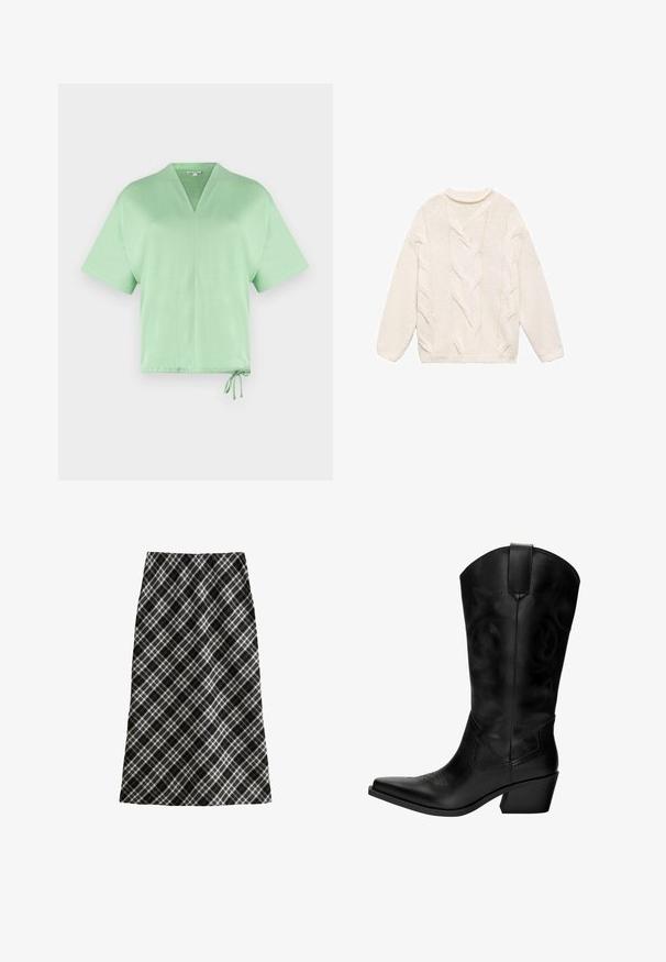Weißer gestrickter Pullover mit einem strukturierten Zopfmuster, runder Ausschnitt und langen Ärmeln. Mit gerippten Bündchen und Saum.; Kurzärmliges, V-Ausschnitt-Oberteil aus leichtem grünem Stoff. Verfügt über einen Kordelzug am Saum für eine verstellbare Passform. Weiche Textur mit minimalistischem Design.; Schwarz-weißer Karorock, midilang, A-Linie Silhouette, strukturiertes Gewebe, mit überkreuzten Linien und geometrischen Mustern im gesamten Design.; Schwarze Leder-Cowboy-Stiefel mit spitzer Zehe, mittlerem Absatz, dekorativer Naht und Zuglasche für einfaches Anziehen. Glatte Textur und hoher Schaft.