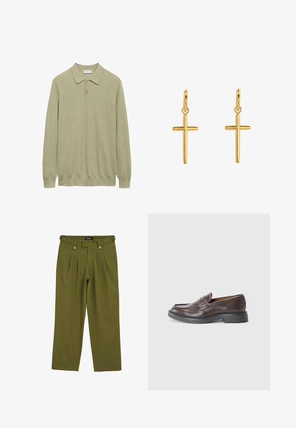 Olijfgroen lange mouw polo met een gestructureerde brei, drie-knopen sluiting en een klassieke kraag, met ribgebreide manchetten en zoom.; Olijfgroene geplooide broek met een rechte snit. Kenmerkt zich door twee voorknopen, lussen voor een riem en een gladde textuur.; Bruine leren instappers met een gladde afwerking, ronde neus, minimale stiksels en een dikke zwarte rubberen zool. Geen zichtbare hardware of accenten.; Gouden kruisoorbellen met een gladde afwerking en een hanglus, met een eenvoudig, langwerpig ontwerp. Elk kruis heeft een uniforme maat.