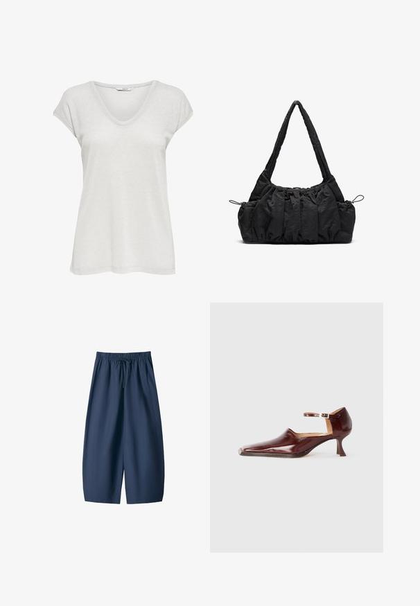 Gray knitted sweater with a V-neck and a ribbed hem. Features a relaxed fit and long sleeves, made from soft textured material.; ONLY ONLSILVERY V NECK NOOS - Basic T-shirt - silver; Navy blue shorts made of smooth fabric, featuring an elastic waistband with a drawstring and two side pockets. Relaxed fit, knee-length design.; Burgundy patent leather shoe with a pointed toe, ankle strap, and a 5 cm tapered heel. Smooth texture and minimalistic design.; Black fabric handbag with gathered texture, two shoulder straps, and drawstring closure on sides. Smooth, lightweight material.