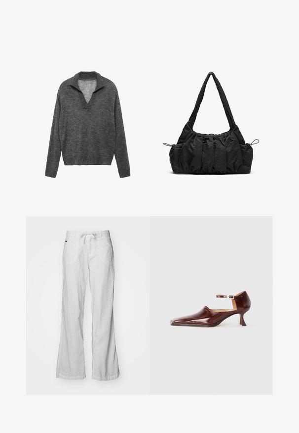 Siv šivani pulover z V-izrezom in rebrastim robom. Ima sproščen kroj in dolge rokave, izdelan je iz mehke teksturirane tkanine.; Bela lanena hlače s sproščenim krojem, elastičnim pasom na vrvico in dvema sprednjima žepoma. Imajo široke noge in subtilno teksturo.; Burgundska lakirana čevlja s ostrim nosom, trakovi okoli gležnja in 5 cm koničastim petam. Gladka tekstura in minimalistična zasnova.; Črna tkanina torbica z nabranim teksturo, dvema naramnicama in zategovanjem na straneh. Gladek, lahkoten material.