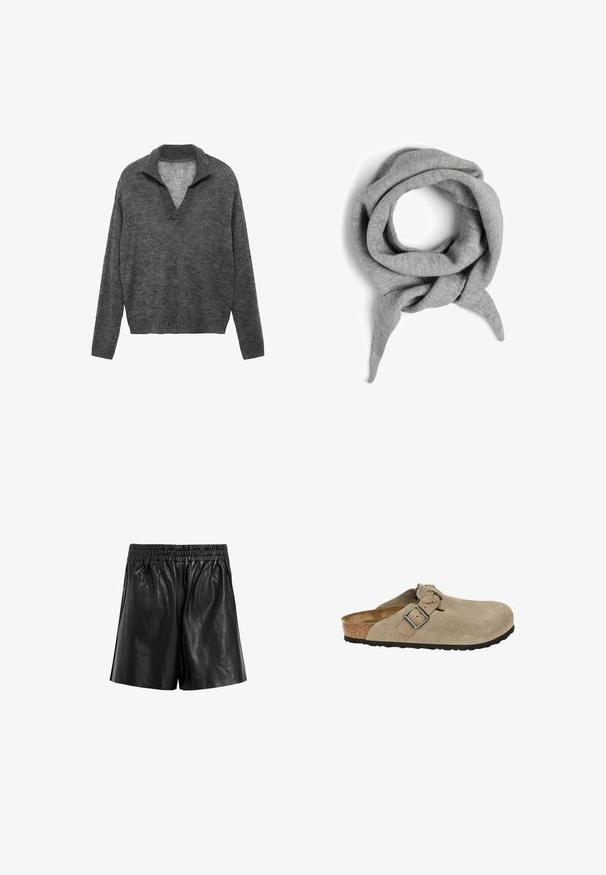 Grå stickad tröja med V-ringning och ribbad nederkant. Har en avslappnad passform och långa ärmar, tillverkad av mjukt texturerat material.; Svarta lädershorts med elastisk midja, med en jämn yta, vida ben och utan synliga fickor eller dekorationer.; Beiga mockasiner i suedeklär med rund tå, justerbart band och spänne, mittsula i kork och texturerad svart gummisula för bra grepp.; Grå stickad scarf, cirkelformad med lösa ändar. Mjuk textur, enhetlig färg och inga synliga mönster eller hårdvarudetaljer.; Svart tyghandväska med rynkad textur, två axelremmar och dragsko stängning på sidorna. Slätt, lätt material.
