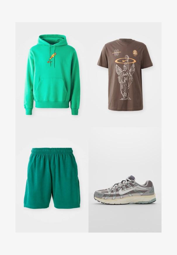 Žalia pūkinė striukė, pagaminta iš minkštos medžiagos, su priekinia kišene ir tuo pačiu metu krūtinėje užrašytu dažų tūbelės logotipu.; Ruda medvilninė marškinėliai su balta kontūrine grafika, vaizduojančia sparnuotą statulą, Nike logotipu ir abstrakčiais raštais oranžine spalva, trumpomis rankovėmis ir apvaliu kaklu.; Žalios medvilninės šortai su elastinga juosta, šoninėmis kišenėmis ir siūlėmis. Lygus audinys, suteikiantis atsipalaidavusią, kasdienę išvaizdą.; Pilkas sportinis batas su tinklu ir zomšos viršutine dalimi, baltomis detalėmis, paminkštintu padu ir išskirtiniu dizainu su atspindinčiais elementais.