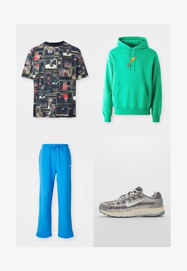 Vihreä huppari, joka on valmistettu pehmeästä kankaasta. Hupparissa on etupuolen kengurutasku ja rintaosassa maalaustubista tippuvaa maalia esittävä logo.; Graafinen t-paita, jossa on kollaasi vintage-televisiosta, jotka näyttävät koripallo-otteluita ja pelaajia. Paita on suurimmaksi osaksi tummissa väreissä ja siinä on pyöreä kaula-aukko.; Sininen collegehousut, jotka on valmistettu pehmeästä kankaasta, rento malli, elastinen vyötärönyörillä ja pieni valkoinen logo vasemmalla puolella.; Harmaa urheilukenkä, jossa on verkko- ja mokkanahkainen yläosa, valkoiset yksityiskohdat, pehmustettu pohja ja erottuva muotoilu heijastavilla elementeillä.