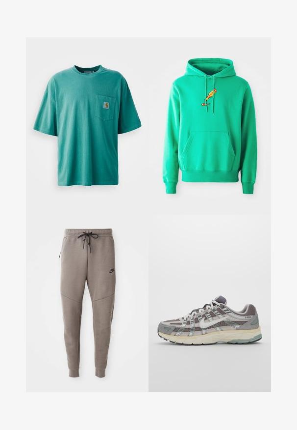 Grønn hettegenser laget av mykt stoff, med en frontlomme og et logo av en malerør som drypper på brystet.; Grønn bomulls T-skjorte med rund hals, korte ermer og en frontlomme med et logo-patch. Myk tekstur og avslappet passform.; Grå Nike joggebukser med snor i midjen, smale ben, sidelommer og distinkte sømdetaljer. Myk, teksturert stoff.; Grå treningssko med overdel i nett og semsket skinn, hvite detaljer, en polstret såle, og et særpreget design med reflekterende elementer.