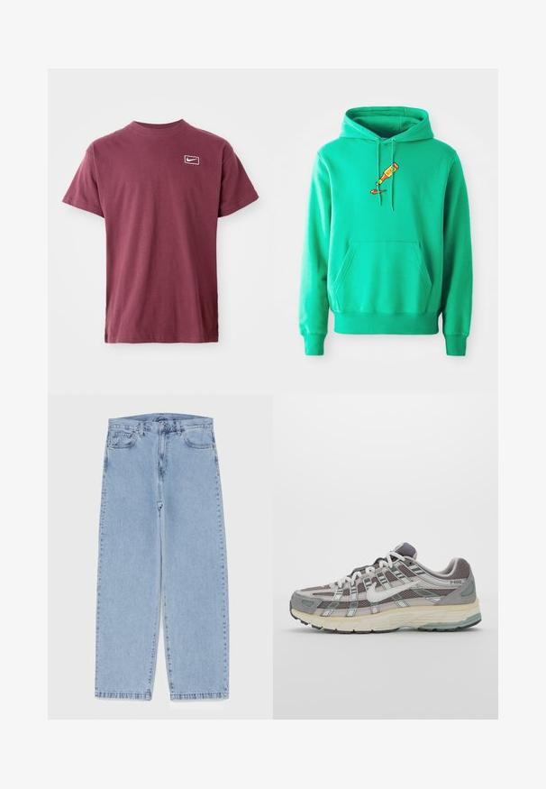 Grønn hettegenser laget av mykt stoff, med en frontlomme og et logo av en malerør som drypper på brystet.; Bordeaux kortermet T-skjorte med rund hals, med en liten hvit Nike swoosh-logo inni et avrundet rektangel på venstre bryst.; Lyseblå denimjeans med rett ben-design, med mid-rise liv, fem lommer og knap og lynlås lukning.; Grå treningssko med overdel i nett og semsket skinn, hvite detaljer, en polstret såle, og et særpreget design med reflekterende elementer.
