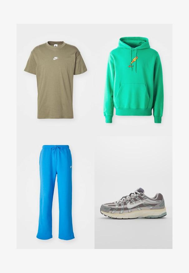 Hoodie verde feito de tecido suave, apresentando um bolso canguru frontal e um logótipo de um tubo de tinta a escorrer no peito.; T-shirt de manga curta verde-oliva em algodão. Apresenta um logótipo branco da Nike ao centro do peito e um design clássico de gola redonda.; Calças de fato azuis feitas de um tecido macio, apresentando um corte relaxado, um cós elástico com cordão e um pequeno logo branco no lado esquerdo.; Sapatilha atlética cinza com parte superior em malha e camurça, detalhes brancos, sola acolchoada e um design distinto com elementos refletivos.