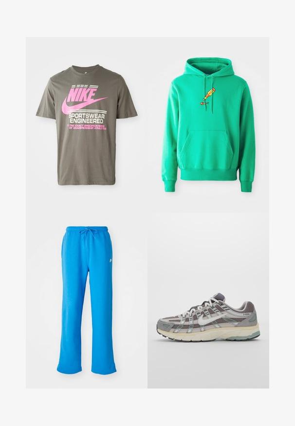 Zaļš džemperis izgatavots no mīksta auduma, ar priekšējo kangarū aizmuguri un logo uz krūtīm, kurā attēlots krāsas tūbiņa, kas pilina.; Pelēks kokvilnas T-krekls ar izteiktu rozā Nike zīmolu un baltu tekstu. Īsas piedurknes un apaļa kakla izgriezuma forma.; Zili sporta bikses, kas izgatavotas no mīksta auduma, ar brīvu piegriezumu, elastīgu jostu ar auklu un nelielu baltu logotipu kreisajā pusē.; Pelēkie sporta apavi ar tīkla un zamša augšdaļu, baltiem akcentiem, mīkstinātu zoli un izcilu dizainu ar atstarotājiem.