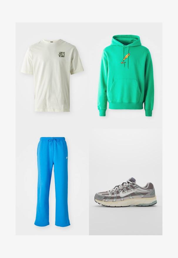 Zöld kapucnis pulóver, puha anyagból készült, elöl kenguruzsebbel és egy festékkel csöpögő tubus logóval a mellrészen.; Krém színű pamut póló, zöld grafikai nyomattal a bal mellrészen, klasszikus kerek nyakkivágással és rövid ujjakkal.; Kék, puha anyagú melegítőnadrág, laza szabással, rugalmas derékpánttal és zsinórral, bal oldalon egy kis fehér logóval.; Szürke sportcipő, hálós és velúr felsőrésszel, fehér részletekkel, párnázott talppal és jellegzetes dizájnnal, amely visszaverő elemeket tartalmaz.