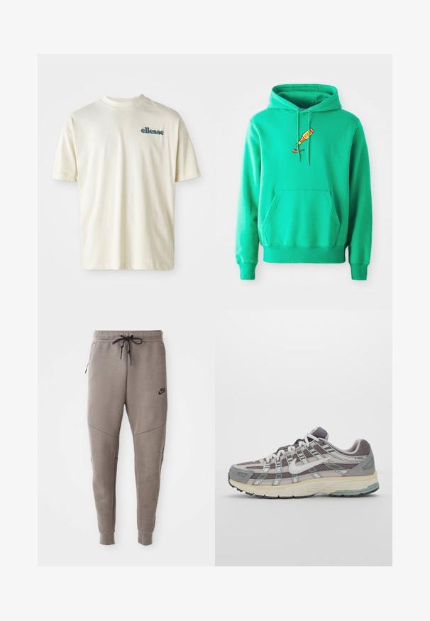 Zelená mikina s kapucí vyrobená z měkkého materiálu, s přední klokaní kapsou a logem trubice s barvou, která kape na hrudi.; Krémová košile s krátkým rukávem vyrobená z měkkého materiálu, s kulatým výstřihem a malým zeleným vyšitým logem "ellesse" na levé části hrudi.; Šedé Nike tepláky s elastickým pasem na šňůrku, zúženými nohavicemi, bočními kapsami a charakteristickým švem. Měkká, strukturovaná tkanina.; Šedá sportovní obuv s vrchní částí z mikrovlákna a semiše, bílými akcenty, polstrovanou podrážkou a jedinečným designem s reflexními prvky.