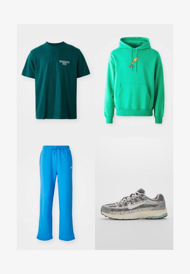 Vihreä huppari, joka on valmistettu pehmeästä kankaasta. Hupparissa on etupuolen kengurutasku ja rintaosassa maalaustubista tippuvaa maalia esittävä logo.; Teal t-paita, jossa on lyhyet hihat ja pyöreä kaula-aukko. Vasemmassa rinnassa on valkoinen "Carhartt WIP" -logo. Yksinkertainen muotoilu, suora leikkaus.; Sininen collegehousut, jotka on valmistettu pehmeästä kankaasta, rento malli, elastinen vyötärönyörillä ja pieni valkoinen logo vasemmalla puolella.; Harmaa urheilukenkä, jossa on verkko- ja mokkanahkainen yläosa, valkoiset yksityiskohdat, pehmustettu pohja ja erottuva muotoilu heijastavilla elementeillä.