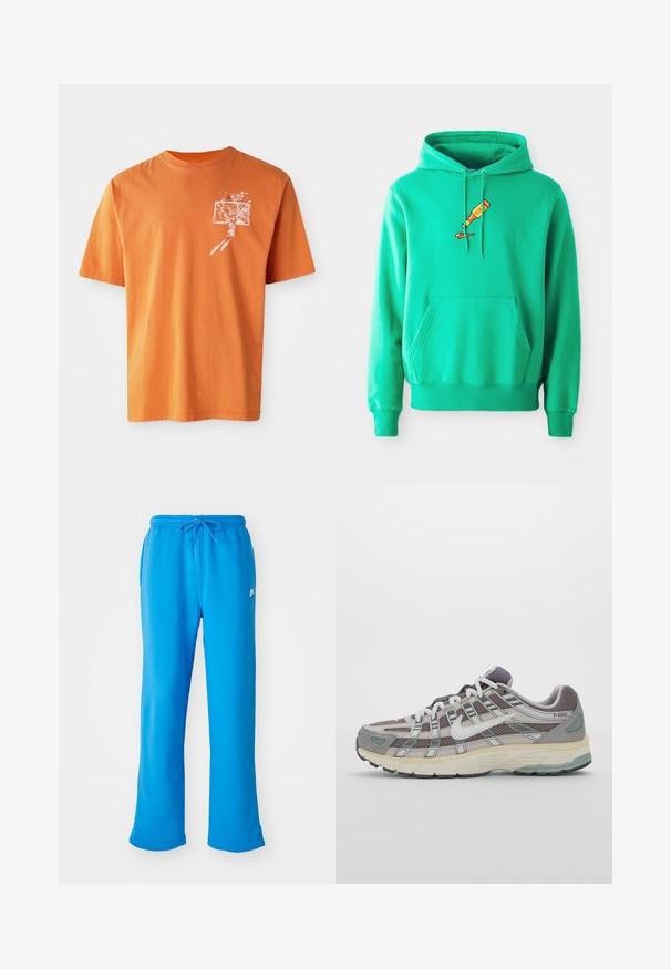 Green hoodie made of soft fabric, featuring a front kangaroo pocket and a logo of a paint tube dripping on the chest.; Orange cotton t-shirt with short sleeves, featuring a white graphic of a basketball player and hoop on the left chest area.; Blue sweatpants made of soft fabric, featuring a relaxed fit, elastic waistband with drawstring, and a small white logo on the left side.; Gray athletic shoe featuring a mesh and suede upper, white accents, a cushioned sole, and a distinctive design with reflective elements.