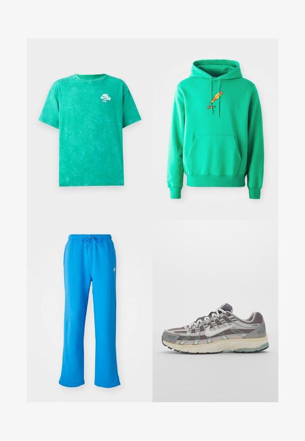 Žalia pūkinė striukė, pagaminta iš minkštos medžiagos, su priekinia kišene ir tuo pačiu metu krūtinėje užrašytu dažų tūbelės logotipu.; Žalios tinklelio maikutė, pagaminta iš medvilnės. Turi apvalų kaklą, trumpas rankoves ir mažą baltą Nike Air logotipą kairėje krūtinės pusėje.; Mėlyni sportiniai džinsai, pagaminti iš minkštos medžiagos, turintys laisvą siluetą, elastingą liemenį su raišteliu ir mažą baltą logotipą kairėje pusėje.; Pilkas sportinis batas su tinklu ir zomšos viršutine dalimi, baltomis detalėmis, paminkštintu padu ir išskirtiniu dizainu su atspindinčiais elementais.