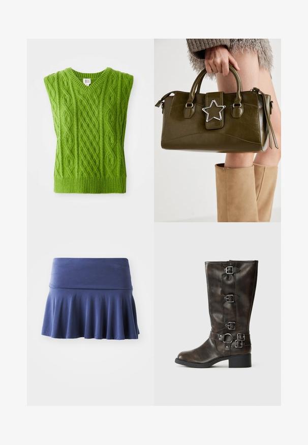 Grønn strikket vest med V-hals, med teksturerte kabelmønstre og ribbestrikket nederkant. Laget av et mykt, tykt materiale.; Blå kortermet skjorte med knapper og hvite vertikale striper. Har to frontlommer og spiss krage. Laget av et lett stoff.; Marineblå skjørt med glatt, elastisk linning og vide nedre del. Laget av mykt stoff, har det et enkelt, uavbrutt design.; Brune skinnstøvler til knærne med flere spenner, rund tå og lav, kraftig hæl. Har en strukturert overflate og justerbare stropper.; Oliven grønn faux lær håndveske med sølvstjerneakcent, doble håndtak og glidelåslukking. Teksturert overflate og strukturert form.