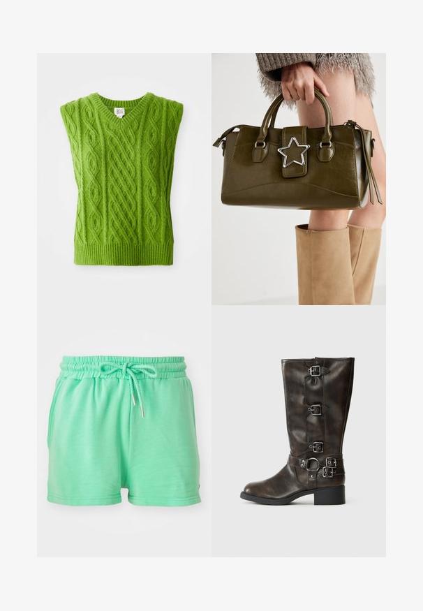 Zöld kötött ujjatlan póló V-nyakkal, texturált kábelmintákkal és bordázott szegéllyel. Puha, vastag anyagból készült.; Kék rövid ujjú gombos ing, fehér függőleges csíkokkal. Két elülső zsebbel és hegyes gallérral rendelkezik. Könnyű anyagból készült.; Mentazöld, puha anyagból készült rövidnadrág, rugalmas derékkal, állítható húzózsinórral és oldalsó zsebekkel.; Barna bőrből készült, térdig érő, több csattal ellátott csizmák, kerek orral és alacsony, vastag sarkú kivitelben. Texturált felülettel és állítható pántokkal rendelkezik.; Olívazöld műbőr kézitáska ezüst csillag díszítéssel, dupla fogantyúval és cipzáros zárással. Texturált felület és formázott alak.