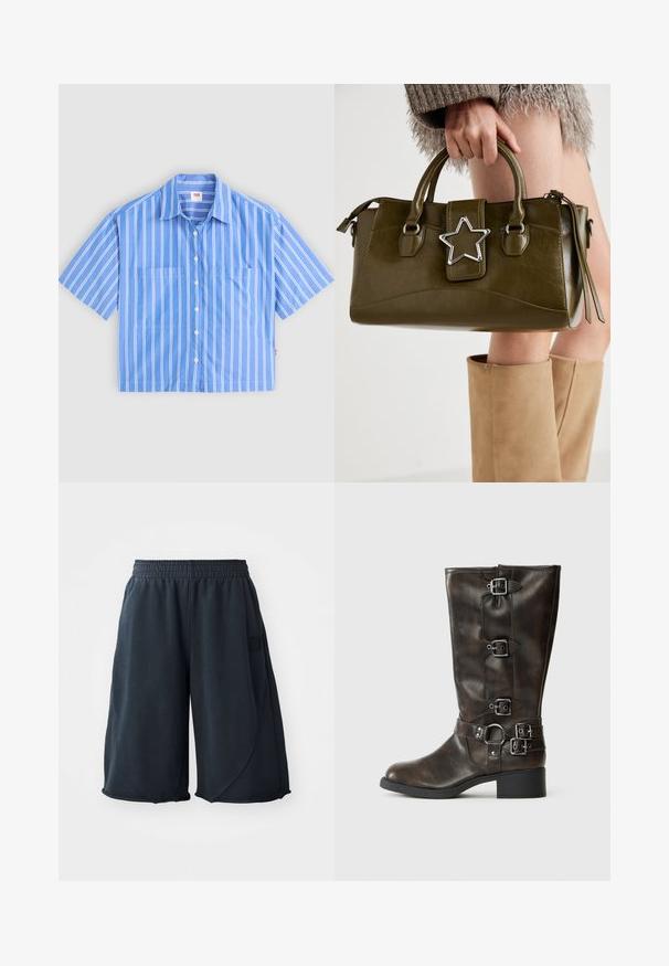 Green knitted vest with a V-neck, featuring textured cable patterns and ribbed hem. Made from a soft, thick material.; Blue short-sleeve button-up shirt with white vertical stripes. Features two front pockets and a pointed collar. Made from a lightweight fabric.; Black athletic shorts made of soft fabric, featuring an elastic waistband and a logo patch on the side. Smooth texture with a relaxed fit.; Brown leather knee-high boots with multiple buckles, a round toe, and a low chunky heel. Features a textured finish and adjustable straps.; Olive green faux leather handbag with silver star accent, dual handles, and a zip closure. Textured surface and structured shape.