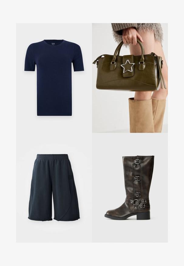 Žalias megztas liemenė su V formos iškirpte, puošta tekstūriniais kabelių raštais ir apmarginta bangelėmis. Pagaminta iš minkštos, storos medžiagos.; Tamsiai mėlynas trumpomis rankovėmis marškinėliai su apvalia iškirpte, pagaminti iš minkštos medvilnės medžiagos. Turi reguliarią išvaizdą su tiesiais kraštais, užtikrinančiais patogią konstrukciją.; Juodos sportinės šortai iš minkštos medžiagos, su elastinga juosmens juosta ir logotipo etikete šone. Lygi tekstūra, laisvas kirpimas.; Rudos odinės iki kelių botai su keliais sagtimis, apvaliu pirštu ir žemu masyviu kulnu. Yra tekstūruotas paviršius ir reguliuojamos juostos.; Alyvuogių žalios spalvos dirbtinės odos rankinė su sidabro žvaigždės akcentu, dviem rankenomis ir užtrauktuko uždarymu. Tekstūruotas paviršius ir struktūrizuota forma.