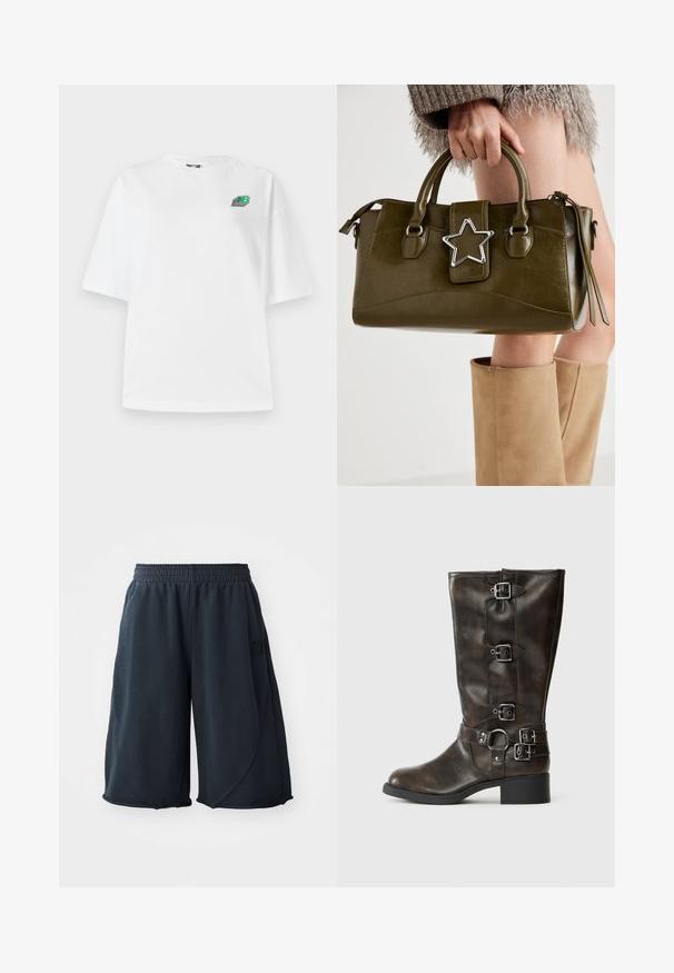 Zaļš adīts žakets ar V veida kaklu, ar faktūrām un kabeli rakstos, kā arī ribinātu apakšmali. Izgatavots no mīksta, bieza materiāla.; Balta kokvilnas T-kreklu ar īsām piedurknēm, pārspīlētu piegriezumu, ar mazu, daudzkrāsainu logotipu kreisajā krūtī. Gluda tekstūra.; Melnas sporta šorti, kas izgatavoti no mīkstas auduma, ar elastīgu jostu un logotipa uzšuvumu sānos. Gluda tekstūra ar brīvu piegriezumu.; Brūnas ādas līdz ceļiem zābaki ar vairākiem sprādzēm, apaļu purngalu un zemu masīvu papēdi. Ievietota tekstūrēta apdare un regulējami siksniņas.; Olive zaļš mākslīgās ādas rokassomu ar sudraba zvaigznes akcentu, divām rokturiem un rāvējslēdzēja aizdari. Strukturēta forma un teksturēta virsma.