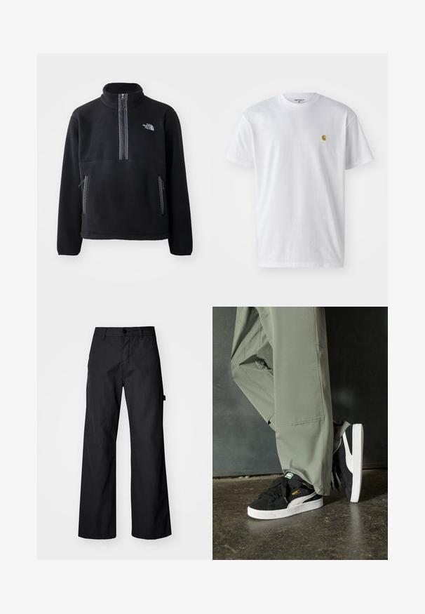 Juodas flisinis pusiau užtrauktukas su aukštu apykakle, turintis krūtinės kišenę ir dvi šonines kišenes. Dizainas apima kontrastingo atspalvio užtrauktuką.; Balta medvilnės marškinėliai su trumpomis rankovėmis, apvalia iškirpte, kuriuose kairėje krūtinės pusėje yra mažas auksinis logotipas. Minkšta tekstūra ir reguliari forma.; Juodos, plačios kojinės kelnės, pagamintos iš tvirto audinio. Su mygtukų užsegimu ir šoninėmis kišenėmis. Sklandus paviršius su švariu dizainu.; Juodi suede sportbačiai su baltais guminiais padais ir šoninėmis juostelėmis, derinami su šviesiai žaliais kargo kelnais, stovintys ant tekstūruoto tamsaus paviršiaus.
