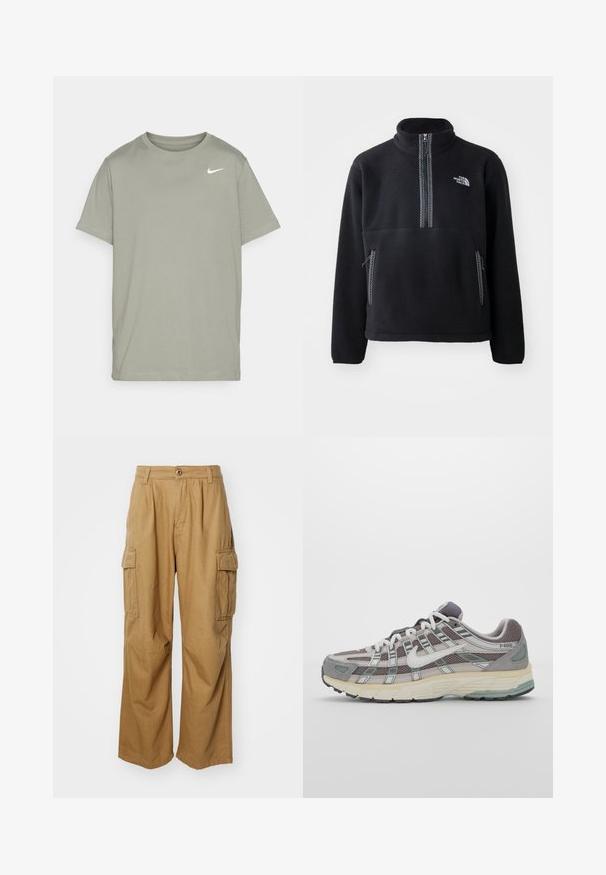 Melns flīsa pusvelkams ar augstu apkakli, ar krūšu kabatu un divām sānu kabatām. Dizainā ir iekļauts kontrastējošs rāvējslēdzēja elements.; Nike Performance TEE CREW SOLID - Sporta krekli - dark stucco; Khaki krāsas bikses ar taisnu kāju dizainu, kas aprīkotas ar divām sānu kabatām un pogu aizdari. Izgatavotas no mīksta, izturīga auduma.; Pelēkie sporta apavi ar tīkla un zamša augšdaļu, baltiem akcentiem, mīkstinātu zoli un izcilu dizainu ar atstarotājiem.
