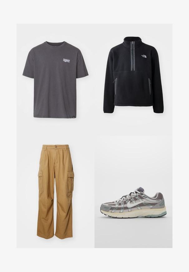 Juodas flisinis pusiau užtrauktukas su aukštu apykakle, turintis krūtinės kišenę ir dvi šonines kišenes. Dizainas apima kontrastingo atspalvio užtrauktuką.; Pilka medvilninė marškinė su trumpomis rankovėmis, apvalia iškirpte ir mažu baltu grafiniu spaudiniu ant krūtinės. Ypatumai: tiesus apatinis kraštas ir laisvas siluetas.; Smėliniai cargo džinsai su tiesiomis kojomis, turintys dvi šonines kišenes ir mygtukų užsegimą. Pagaminti iš minkštos, patvarios medžiagos.; Pilkas sportinis batas su tinklu ir zomšos viršutine dalimi, baltomis detalėmis, paminkštintu padu ir išskirtiniu dizainu su atspindinčiais elementais.