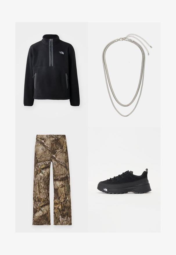 Juodas flisinis pusiau užtrauktukas su aukštu apykakle, turintis krūtinės kišenę ir dvi šonines kišenes. Dizainas apima kontrastingo atspalvio užtrauktuką.; Rudos kamufliažo rašto kelnės, su plačiomis kojomis ir elastinga juosta. Medžiaga primena tekstūruotą medžio žievę su lapų akcentais.; Juodas lauko sportinis batelis su zomšiniu viršumi, tekstūruota guma padais ir tvirtas raištelių sistema. Yra sustiprinta kulno dalis ir prekės ženklo logotipas šone.; Trijų sluoksnių sidabrinė metalinė apyrankė, kuri pasižymi stilingomis, lankstosiomis grandinėlėmis su švelniu blizgesiu, užsegama krabų užsegimu ir reguliuojama grandinė.