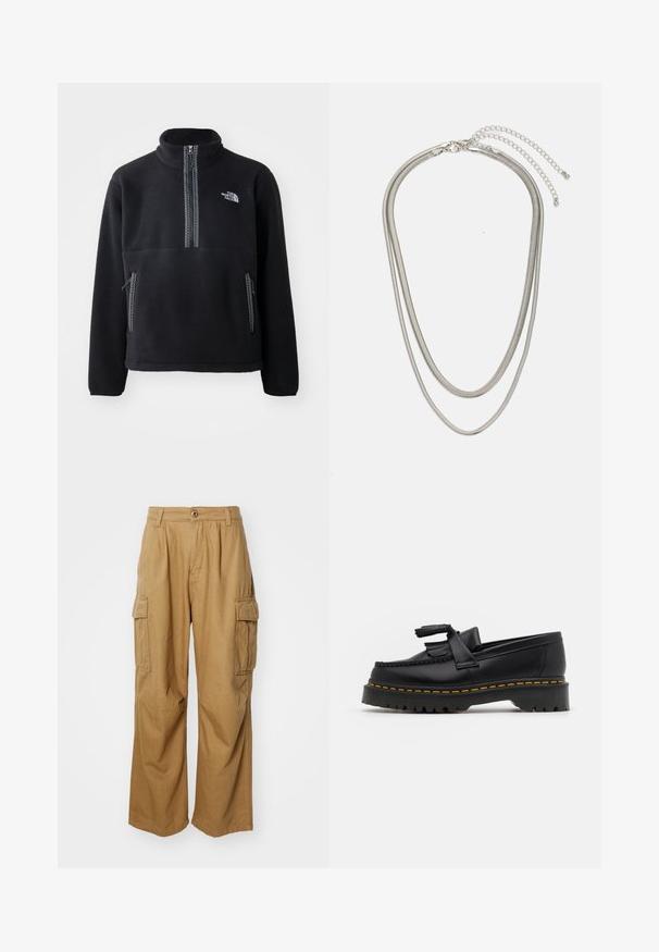 Čierny fleecový pulóver s polovičným zipsom a vysokým golierom, ktorý má náprsné vrecko a dve bočné vrecká. Dizajn obsahuje kontrastný detail zipsu.; Svetlohnedé cargo nohavice so striehnutým strihom, ktoré majú dve bočné vrecká a zapínanie na gombík. Vyrobené z mäkkej a odolnej tkaniny.; Čierne kožené loafre s detailom na strapcoch, s masívnou čiernou podrážkou a žltým prešitím pozdĺž okraja. S textúrovaným povrchom.; Trojvrstvový náhrdelník zo strieborného kovu s elegantnými, flexibilnými reťazami s jemným leskom, zabezpečený sponou typu langusta a nastaviteľným reťazcom.
