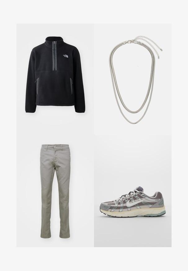 Pull en polaire noir à col montant et demi-zip, doté d'une poche poitrine et de deux poches latérales. Le design comprend un détail de fermeture éclair contrastant.; Carhartt WIP SID PANT - Pantalon classique - misty grey; Chaussure de sport grise avec une tige en mesh et en daim, accents blancs, semelle rembourrée et un design distinctif avec des éléments réfléchissants.; Collier en métal argenté à trois couches présentant des chaînes flexibles et élégantes avec un léger éclat, sécurisé par un fermoir en forme de homard et une chaîne ajustable.