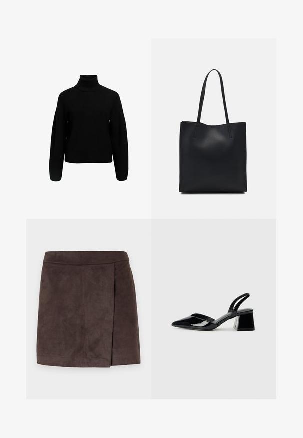 Melnā adīta džemperis ar augstu apkakli, ribota tekstūra un platas piedurknes. Iezīmē relaksētu piegriezumu un strukturētu rakstu detaļas.; Brūna mākslīgā zamšā mini svārki ar gludu tekstūru, ar sānu pliķa detalizāciju, taisno apakšmalu un pieguļošu jostasvieta.; Melna lakota āda ar atvērto papēdi, ar smailu purngalu un ģeometrisku blokpapēdi. Iezīmējas elegants, minimāls dizains un gluda tekstūra.; Melnas ādas somiņa ar gludu tekstūru, taisnstūra formu un divām garām rokturiem. Nav redzamu aparatūras vai rotājumu.