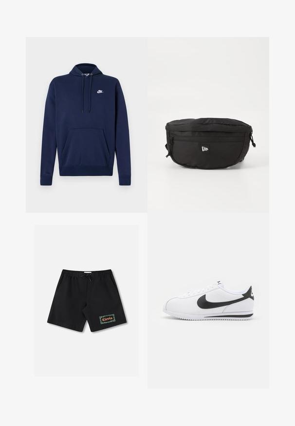 Marineblauer Kapuzenpullover aus Baumwollmischung, mit einer Fronttasche und einem weißen gestickten Logo auf der linken Brust. Kapuze mit Kordelzug.; Schwarze Badeshorts mit elastischem Bund und Kordelzug. Verfügen über einen grünen Blumenrand mit dem Schriftzug „Rivolia“ am linken Bein.; Weiße Ledersneaker mit schwarzem Nike-Swoosh, flachen Schnürsenkeln und strukturiertem Gummisohlen. Abgerundete Zehenpartie und gepolsterter Kragen für zusätzlichen Komfort.; Schwarze Bauchtasche aus Nylon; verfügt über eine vordere Reißverschlusstasche, einen verstellbaren Riemen und ein Logopatch. Rundliche Form mit glatter Textur.