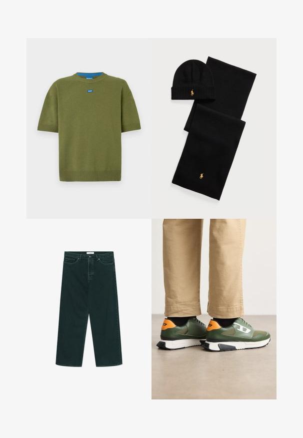 Oliven grønn kortermet strikkegenser med rund hals, ribbede kanter og en blå logo-lapp på brystet. Myk tekstur, avslappet passform.; Polo Ralph Lauren RELAXED FIT LOGO JERSEY T-SHIRT - T-shirts med print - northwest pine; Mørkegrønne vide denimjeans med knap- og lynlåslukning, forlommer og bæltestropper, lagt fladt på en hvid baggrund.; Grønn skinnsneakers med oransje aksenter, svarte detaljer og en teksturert såle, sett fra bak. Uformell design med snøring.; Svart strikket lue og skjerf sett. Har ribbet tekstur og gulllogo aksenter. Mykt stoff med et stilrent design, egnet for kaldt vær.
